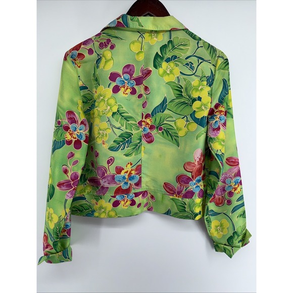 Transitions Silk Shirt Jacket Women S Green Floral Colorful Open Front Collared - Picture 6 of 8